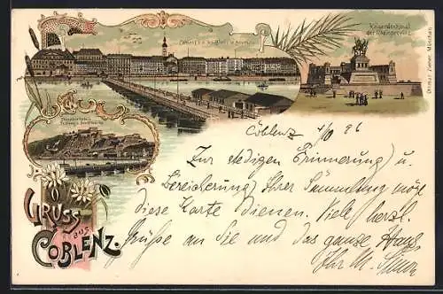 Lithographie Coblenz, Kaiserdenkmal der Rheinprovinz, Stadtpanorama von der Schiffbrücke aus
