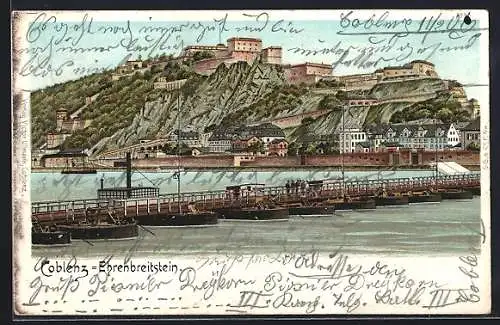 Lithographie Coblenz-Ehrenbreitstein, Gesamtansicht mit Schiffbrücke
