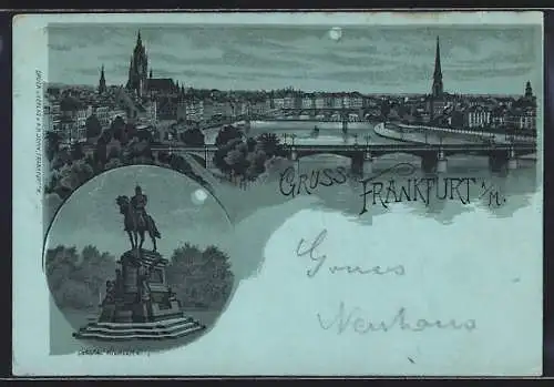 Mondschein-Lithographie Frankfurt a. M., Denkmal Wilhelm I., Stadtpanorama mit Brücken aus der Vogelschau