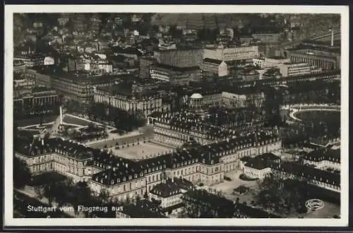 AK Stuttgart, Neues Schloss, Untere Königstrasse, Zeppelin- u. Hindenburgbau, Fliegeraufnahme