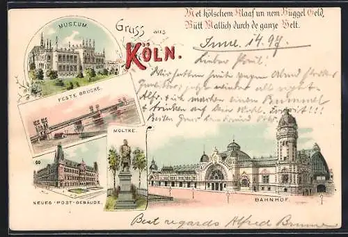 Lithographie Köln, Feste Brücke, Bahnhof, Moltke-Denkmal, Museum