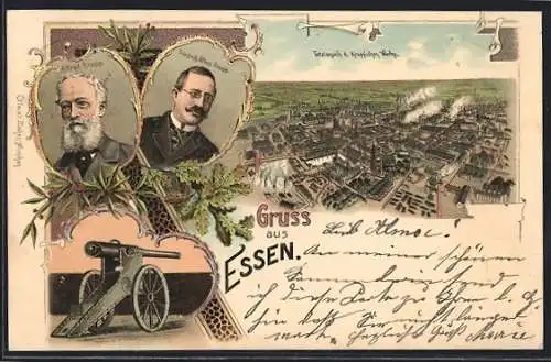 Lithographie Essen, Portraits A. u. F. A. Krupp, Kanone, Totalansicht der Kruppschen Werke