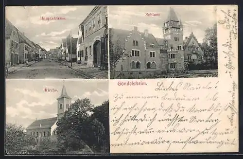 AK Gondelsheim / Württ., Schloss, Kirche und Hauptstrasse