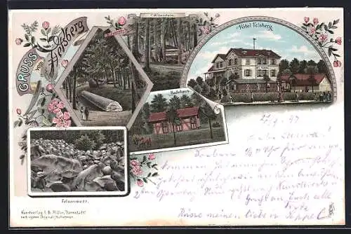 Lithographie Lautertal / Odenwald, Hotel Felsberg, Badehaus, Altarstein, Felsenmeer