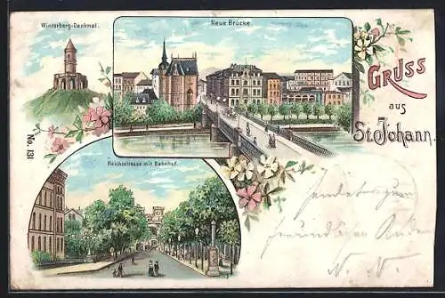 Lithographie St. Johann / Saarbrücken, Winterberg-Denkmal, Neue Brücke, Reichsstrasse mit Bahnhof