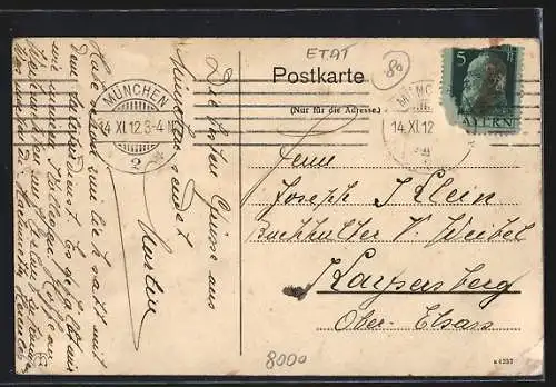 AK München, K. b. 1. Infanterie-Regiment König. mit Portrait von Luitpold Prinzregent v. Bayern