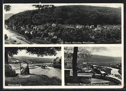 AK Hann. Münden, Teilansicht, Weserstein, Weserlied-Anlage mit Blick auf den Ort