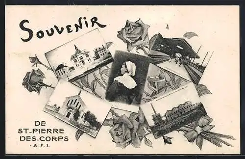 AK St-Pierre-des-Corps, Souvenir mit Collage von Gebäuden und Rosenmotiven