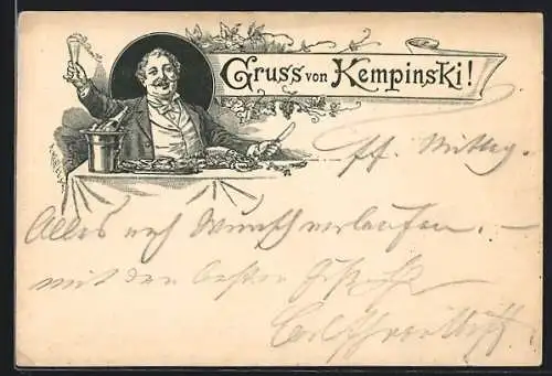 Künstler-AK Berlin, Korrespondenzkarte Kempinski, Mann mit Sekt und Hummer