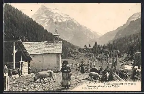 AK Wallis, Alpenlandschaft mit Kapelle