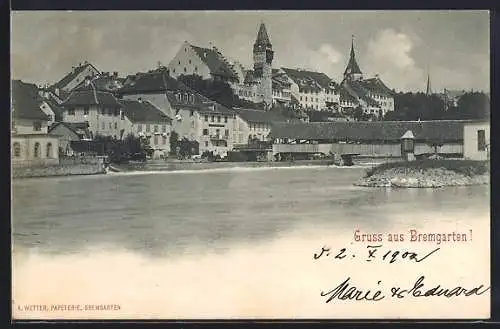 AK Bremgarten, Ortspanorama vom Wasser aus, mit überdachter Brücke
