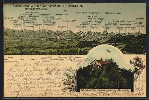 AK Walzenhausen, Hotel Gebhardshöhe, Panorama mit Rhätikon-Kette, Alvier-Kette und Alpstein-Gruppe