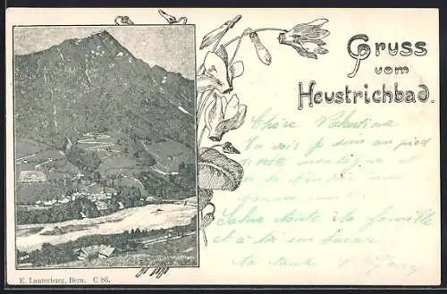 Lithographie Heustrichbad, Ortsansicht mit Fluss und Berggipfel