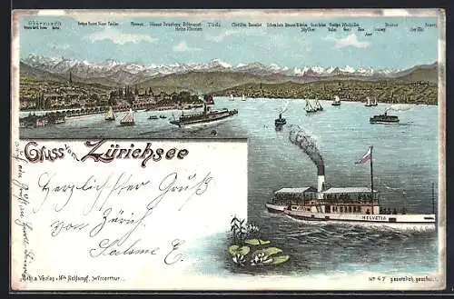 Lithographie Binnenschiff Helvetia auf dem Zürichsee