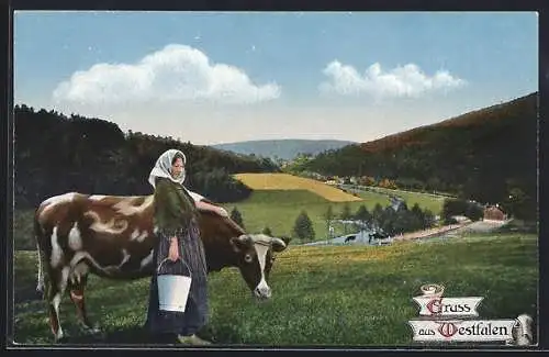AK Bäuerin mit Milchkuh aus Westfalen