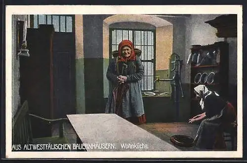 AK Frauen in Tracht in der Wohnküche eines westfälischen Bauernhauses