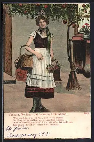 AK Mädchen in Tracht mit Körben, Verlann, Verlann, dat is mien Heimatland