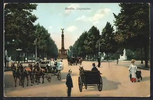 AK Berlin, Siegesallee mit Siegessäule und Pferdewagen