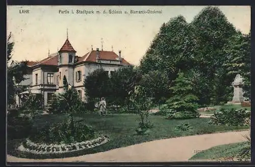 AK Lahr / Baden, Stadtpark, Schloss, Bismarck-Denkmal