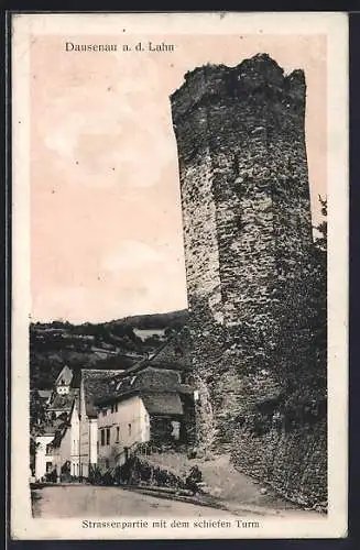 AK Dausenau a. d. Lahn, Strassenpartie mit dem schiefen Turm