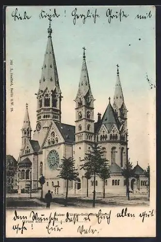 AK Berlin-Charlottenburg, Kaiser Wilhelm-Gedächtniskirche mit Passant