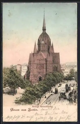 AK Berlin-Kreuzberg, Heilige Kreuzkirche und Phonograph mit Strassenbahn