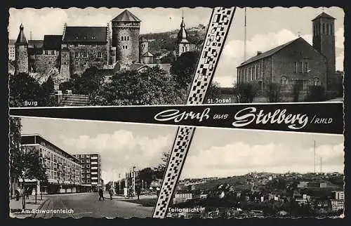 AK Stolberg /Rhld., Burg, St. Josef, Am Schwanenteich, Teilansicht