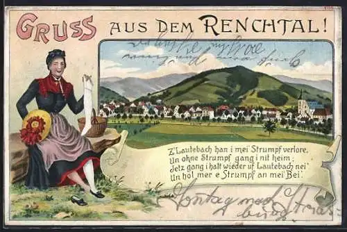 Künstler-AK Lautenbach / Renchthal, Totalansicht, Frau in Tracht, Gedicht vom verlorenen Strumpf