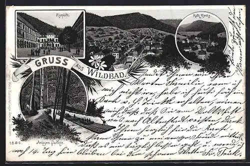 Lithographie Bad Wildbad, Anlagen-Partie, Kurplatz, Katholische Kirche