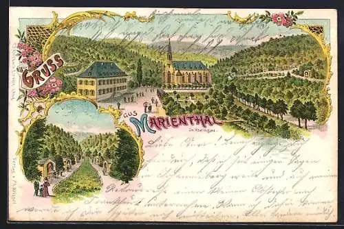Lithographie Marienthal / Rheingau, Teilansicht mit Kirche