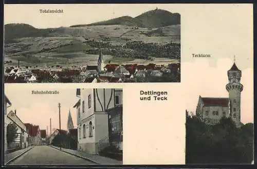 AK Dettingen / Teck, Bahnhofstrasse mit Bahnhof-Restaurant, Teckturm, Totalansicht