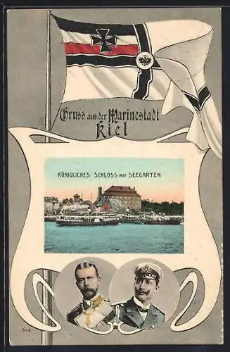 AK Kiel, Kgl. Schloss mit Seegarten, Portrait Wilhelm II., Flagge der Marine