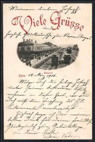 AK Bebra, Bahnhof mit Bahnsteig und Güterzug