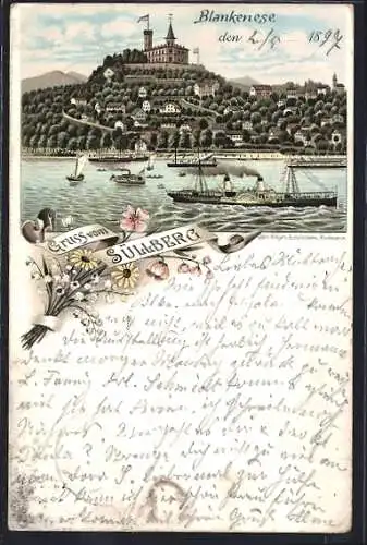 Lithographie Hamburg-Blankenese, Gasthof Süllberg von der Elbe her, Dampfer