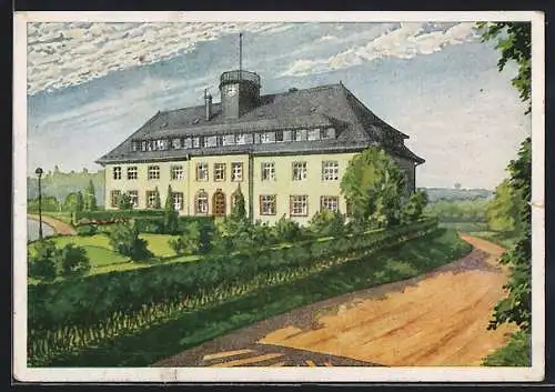 Künstler-AK Meerane, Städtisches Altersheim mit Strasse
