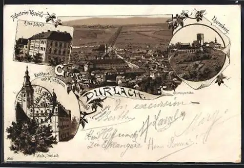 Lithographie Durlach, Infanterie-Kaserne und Ort, Thurmberg, Altes Schloss