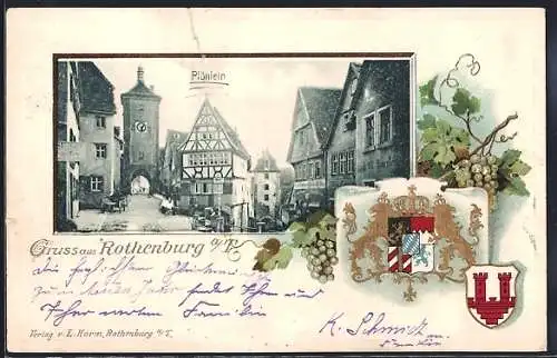 Passepartout-Lithographie Rothenburg / Tauber, Plönlein mit Geschäften, Wappen