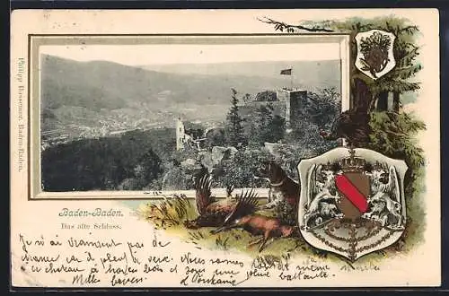 Passepartout-Lithographie Baden-Baden, Blick auf das alte Schloss, Hund mit Reh, Wappen