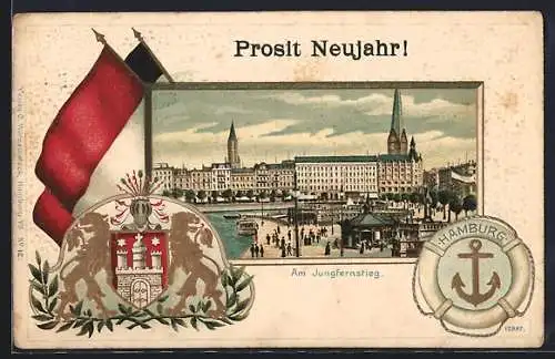 Passepartout-Lithographie Hamburg-Neustadt, Stadtwappen und Anker vorm Jungfernstieg
