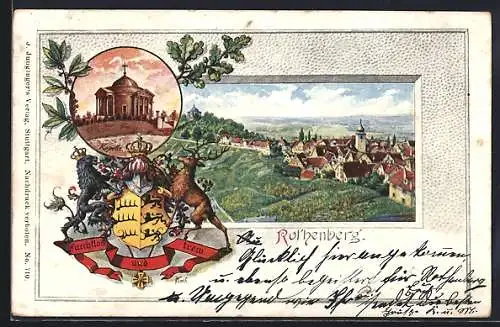 Passepartout-Lithographie Rothenberg / Stuttgart, Ortsansicht, Wappen, Kapelle