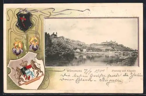 Passepartout-Lithographie Würzburg, Festung und Käppele, Wappen