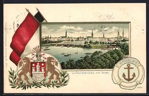 Passepartout-Lithographie Hamburg-Neustadt, Lombardsbrücke mit Stadt, Wappen und Fahnen