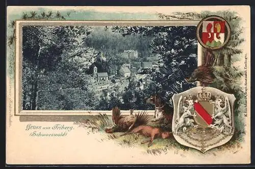 Passepartout-Lithographie Triberg, Ortsansicht von oben, Wappen, Jagdhund mit Beute