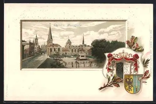 Passepartout-Lithographie Essen, Burgplatz mit Strasse aus der Vogelschau, Wappen