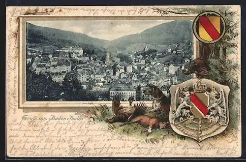 Passepartout-Lithographie Baden-Baden, Totalansicht mit Wappen