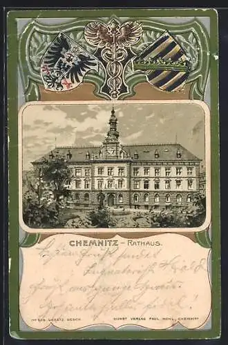 Passepartout-Lithographie Chemnitz, Rathaus mit Denkmal, Wappen mit Schlangenstab
