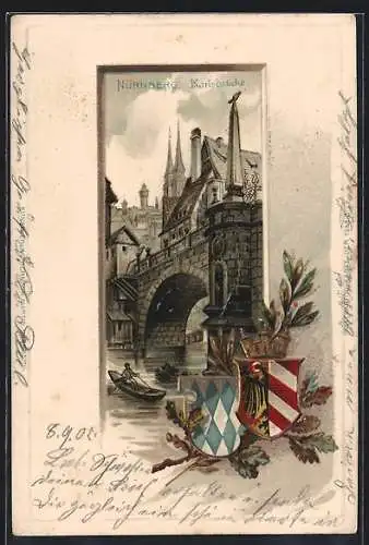 Passepartout-Lithographie Nürnberg, An der Karlsbrücke, Wappen