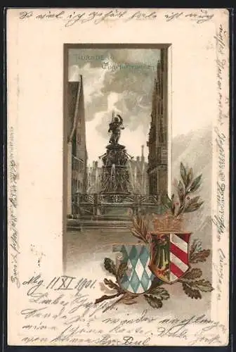 Passepartout-Lithographie Nürnberg, Tugendbrunnen, Wappen