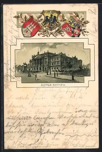 Passepartout-Lithographie Hamburg-Altona, Rathaus mit Reiterdenkmal, Wappen