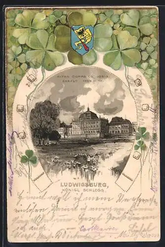 Passepartout-Lithographie Ludwigsburg / Württ., Königliches Schloss mit Corps de Logis im Hufeisen, Wappen
